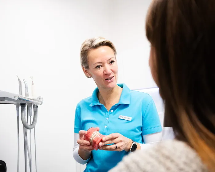 Zahnärztin erklärt Patientin Zahnersatz mit Gebissmodell in der Praxis